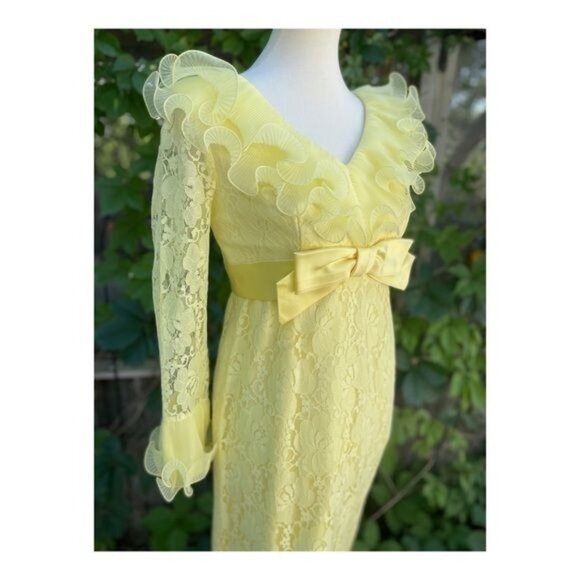 1950s Prom Dress Formal Sunny Yellow Evening Wedding Lace Bow Maxi Cupcake Sz S - Picture 16 of 16